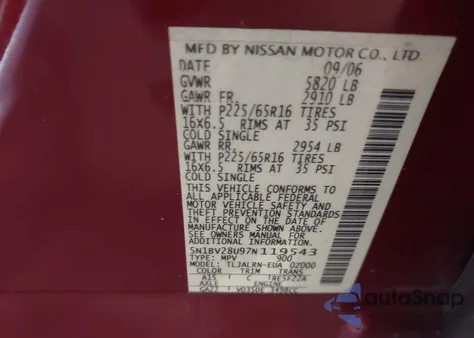 2007 Nissan Quest 3.5 z USA, uszkodzony, nr VIN 5N1BV28U97N119543